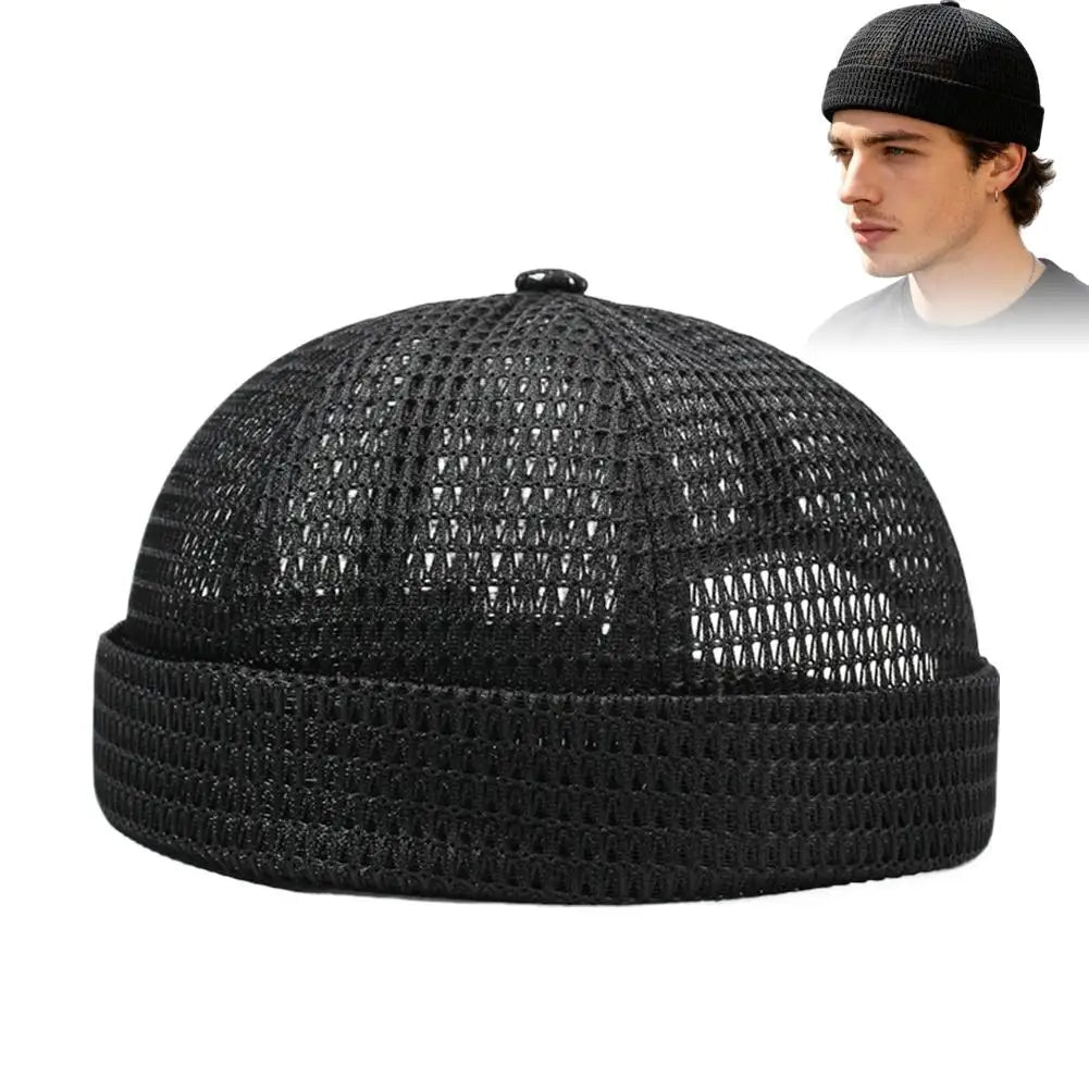 Mens Mesh Brimless Cap Outdoor Sport Summer Docker Beanie Hat Flip Qme Black