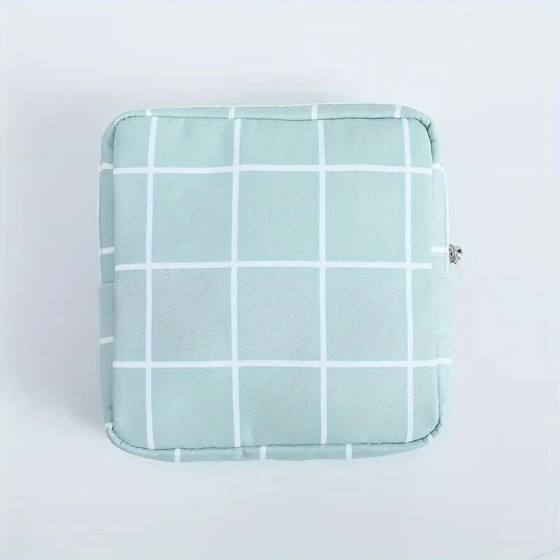 1pc Portable Sanitary Napkin Storage Bag - Girls' Cosmetic Lipstick Pouch with Travel Headset Coin Organizer - Convenient Qme Blue Check