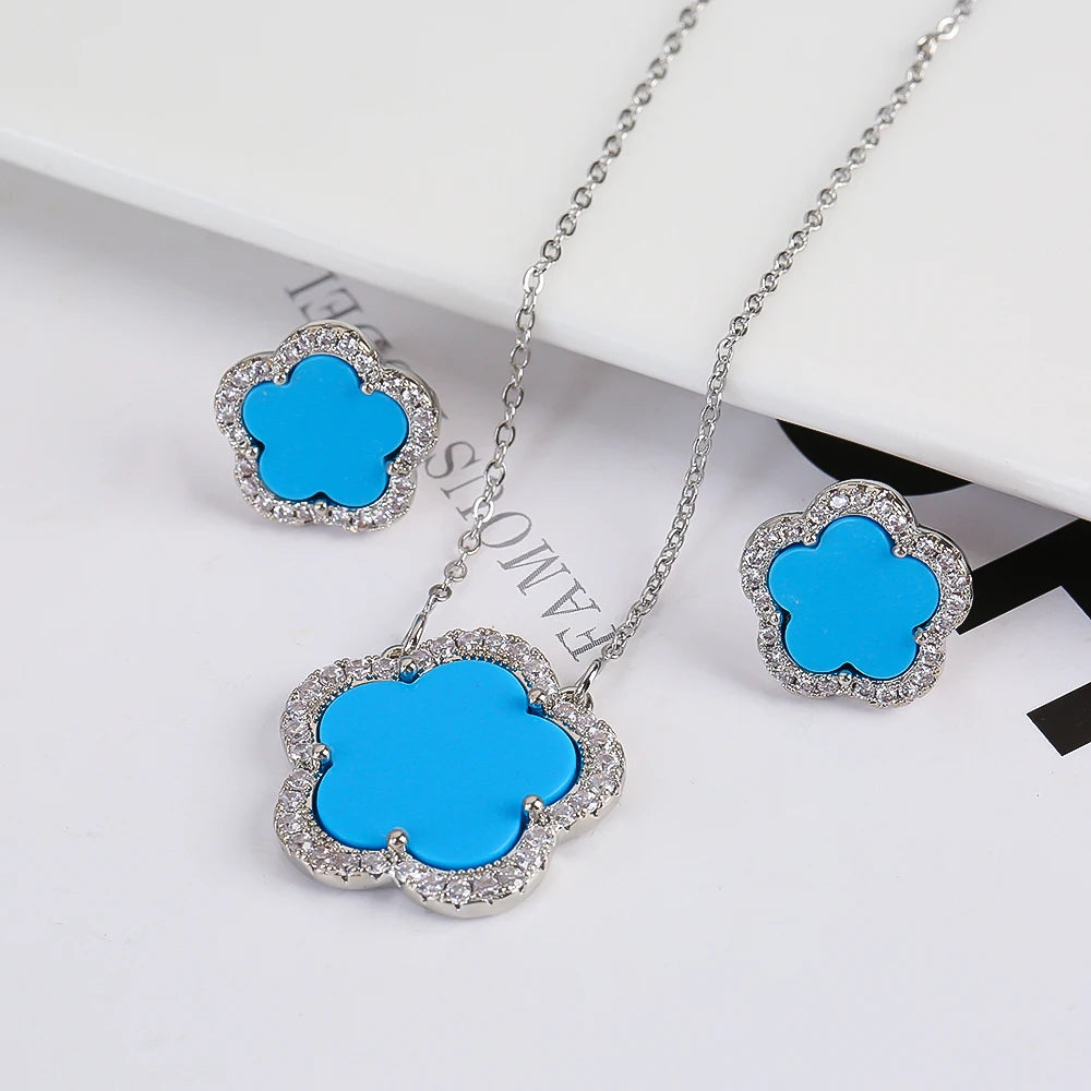 Trendy New Sweet Fashion Natural White Solid Five Leaf Petals Women Jewelry Set Necklace Earrings High Quality Gift Qme