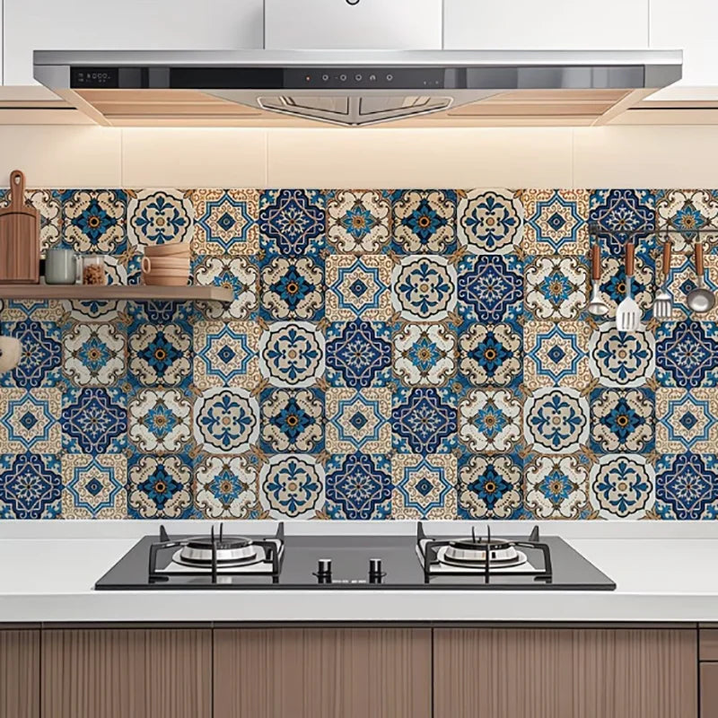 Self‑Adhesive Antique Floral Tile Wall Film Waterproof High‑Temp Resistant Anti‑Oil Easy Install Cooking Area Protection Sticker Qme