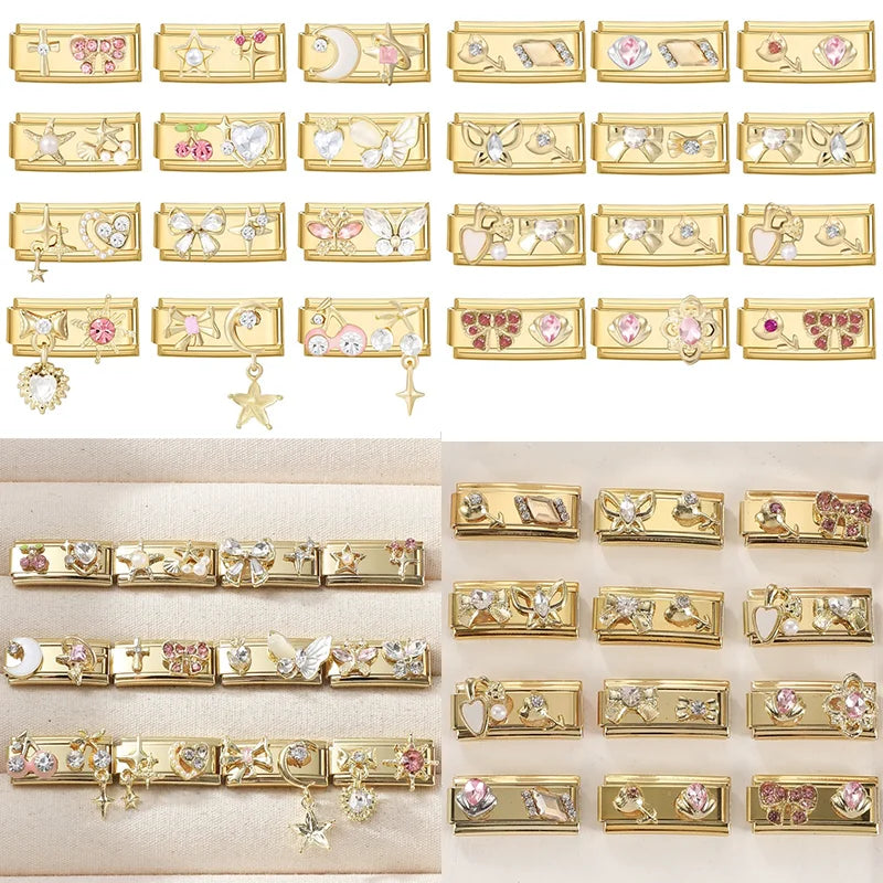 Sweet Flowers Butterfly Cute Heart Bows Italian Charm Link Gold Color Fit 9mm Stainless Steel Bracelet Women DIY Making Gift Qme