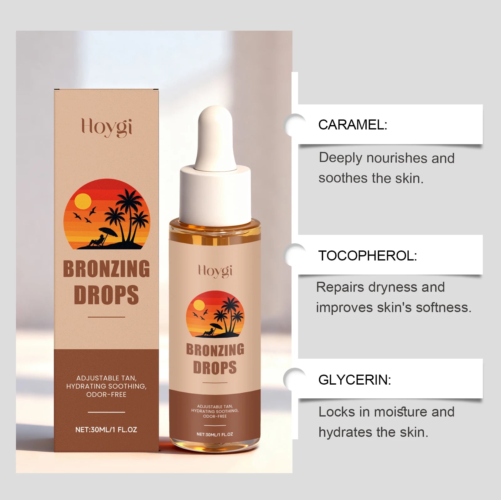 Sunless Tanning Drops Bronzing Drops for Face Gradual Natural-Looking Tan Mixable with Moisturizer Hydrating & Nourishing Vegan Qme