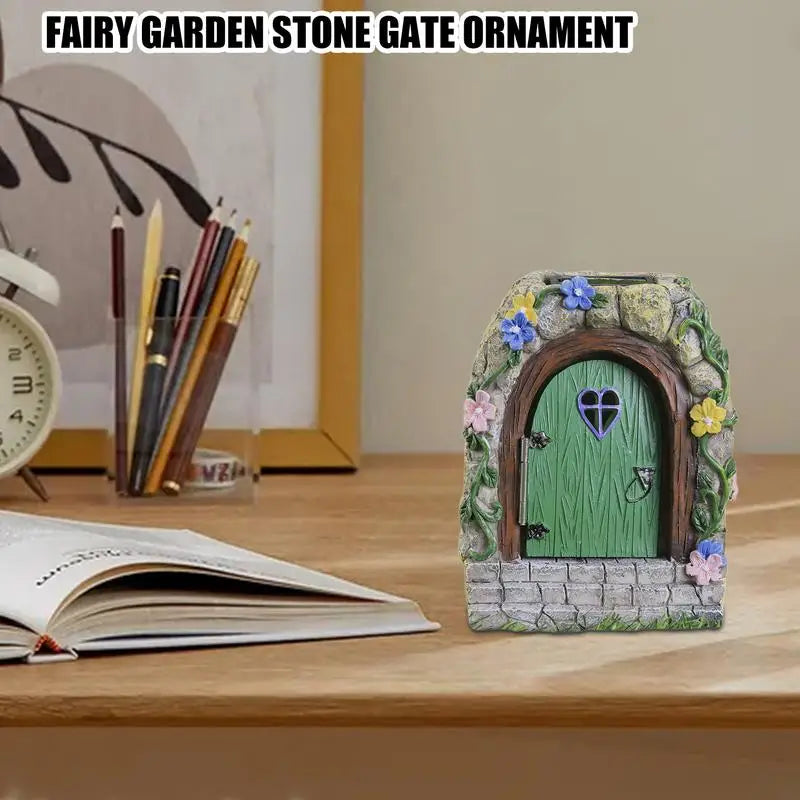 Garden Fairy Door Statue Outdoor Fairy Garden Gate Resin Tree Miniatures With Steps And Open Door Mystical Lighted House Qme