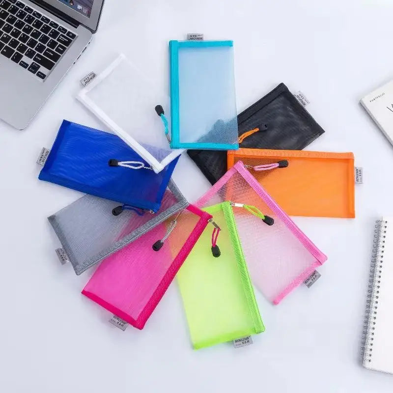 Mesh Pencil Pouches Transparent Design Durable Zip School Office Exam Qme