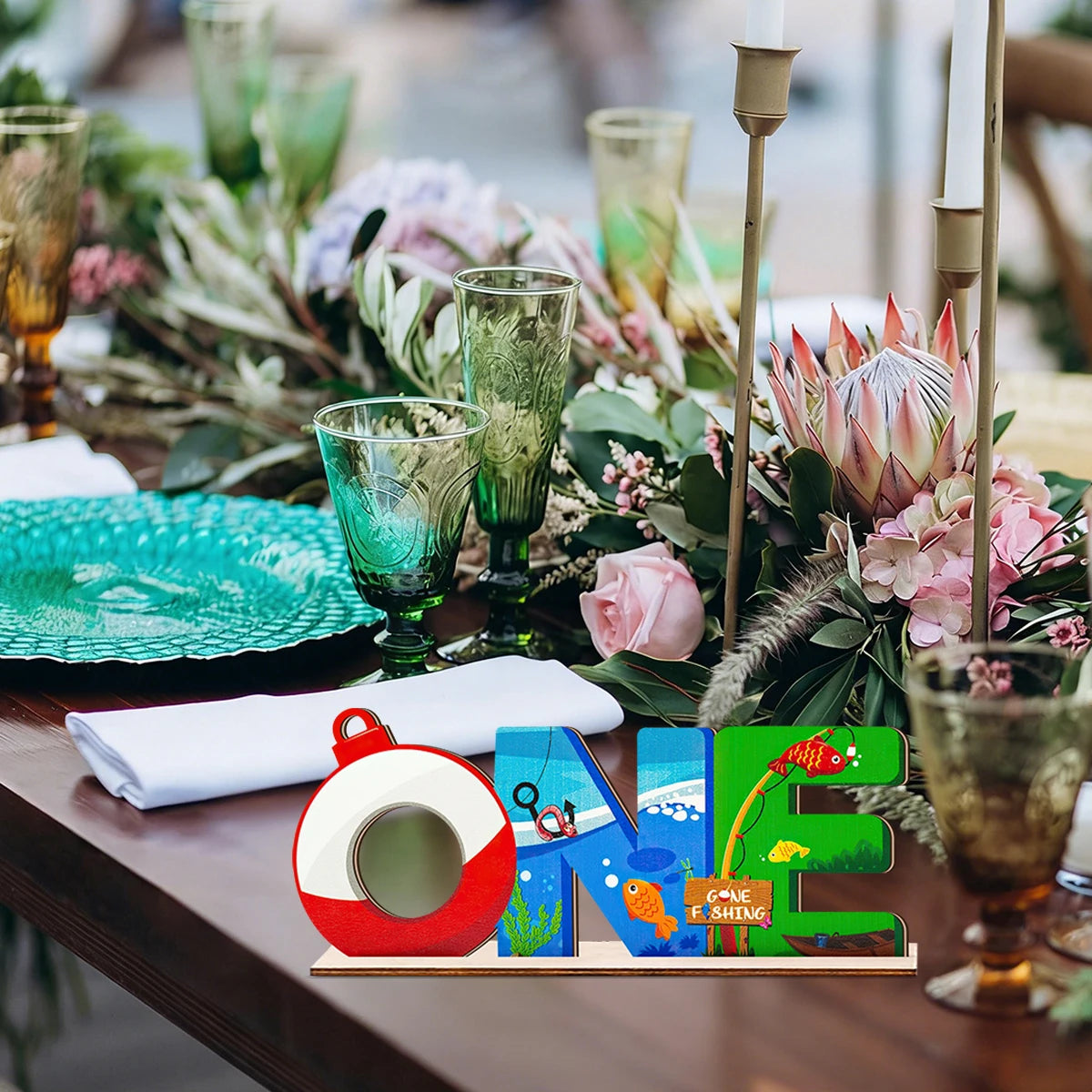 1SET 2D seaside vacation style ocean fishing theme "ONE" letter wooden desktop decoration, birthday party desktop decoration Qme