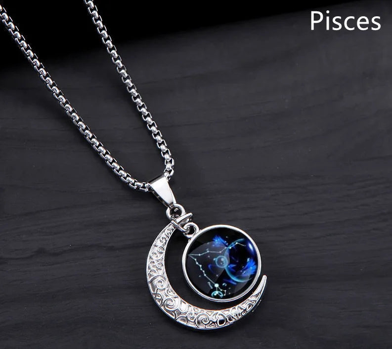 12 Constellation Luminous Necklace Zodiac Signs Jewelry Crescent Moon Pendant Glow In The Dark Necklace Birthday Gifts Unisex Qme Pisces