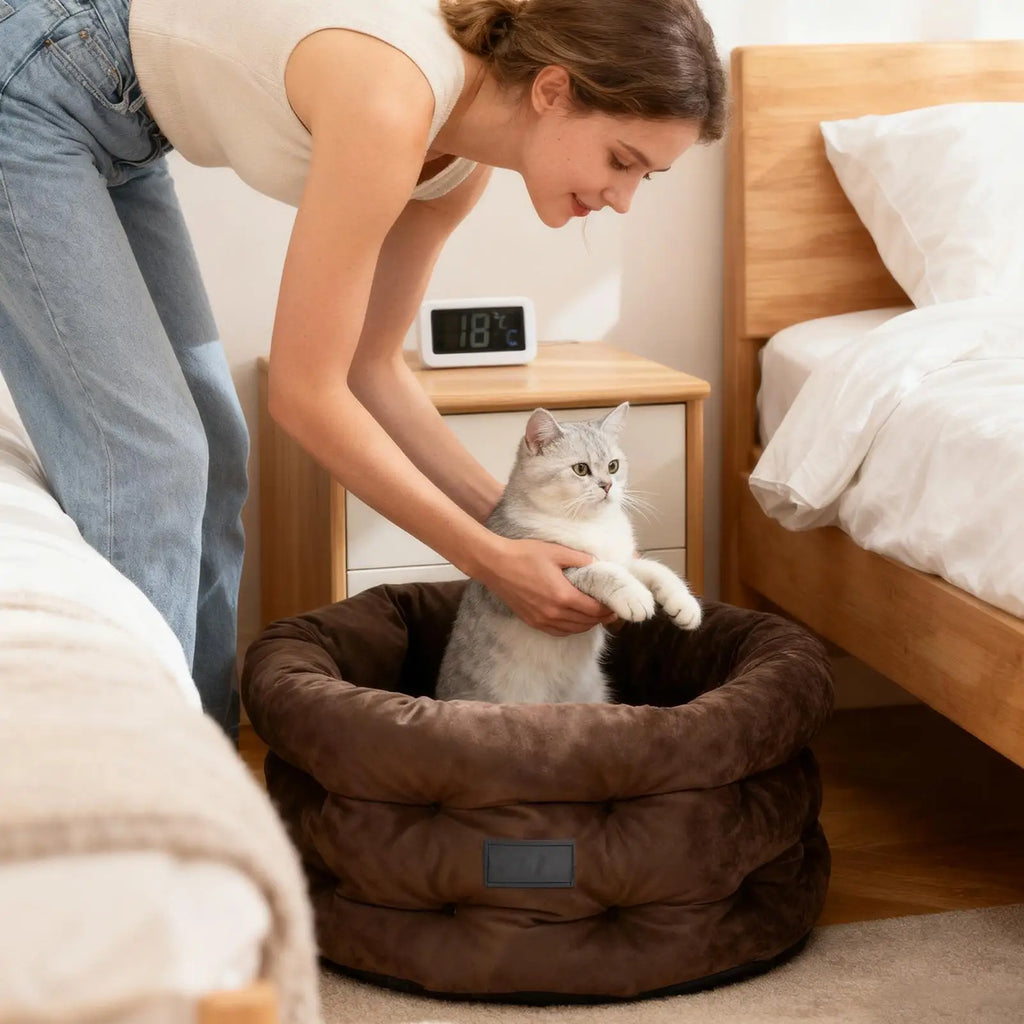 Dog Bed Washable Round Mat Raised Edge Pet Beds Cats Comfortable Qme