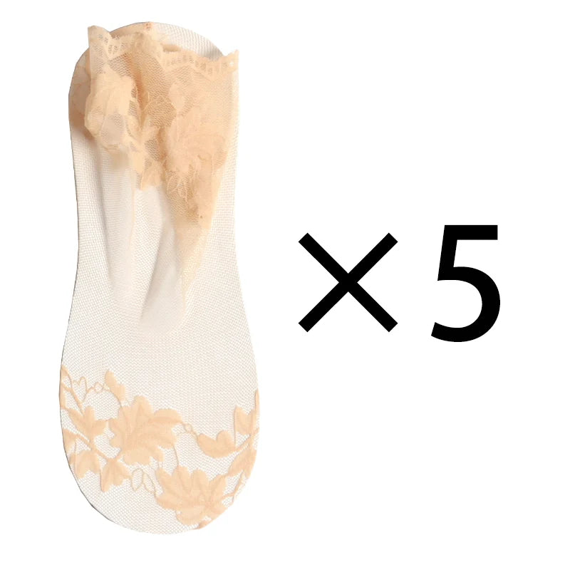 5 Pairs Lot Socks Breathable Elastic Women's Lace Transparent Qme D- 5 pairs