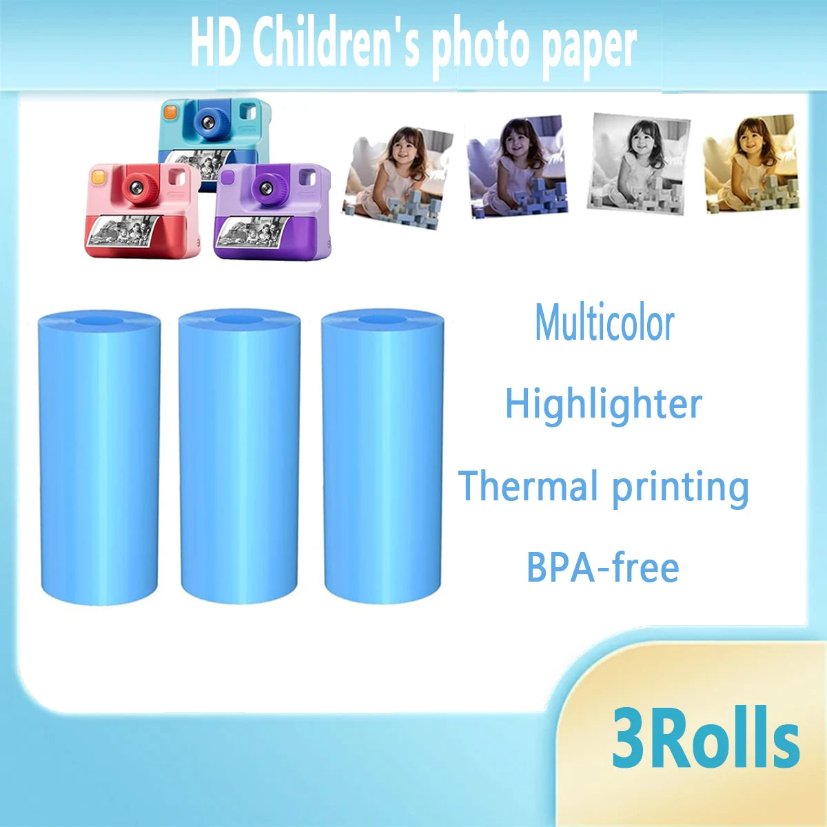 Kids Camera Paper Roll, Kids Instant Refill Paper, 4 Color Portable Thermal Printing Camera Photo Paper Rolls 57*25mm Qme M-blue57-25-3