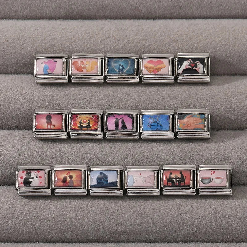 2026New Romantic Encounter With The Pink Sky Dancing Italian Charm Links Fit 9MM Stainless Steel Bracelet DIY Making Gift Couple Qme