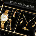 Women's Elegant Jewelry Set: Gold Quartz Watch + Bangle + Ring + Drop Pendant Necklace + Earrings, 6Pcs Set Qme Gold