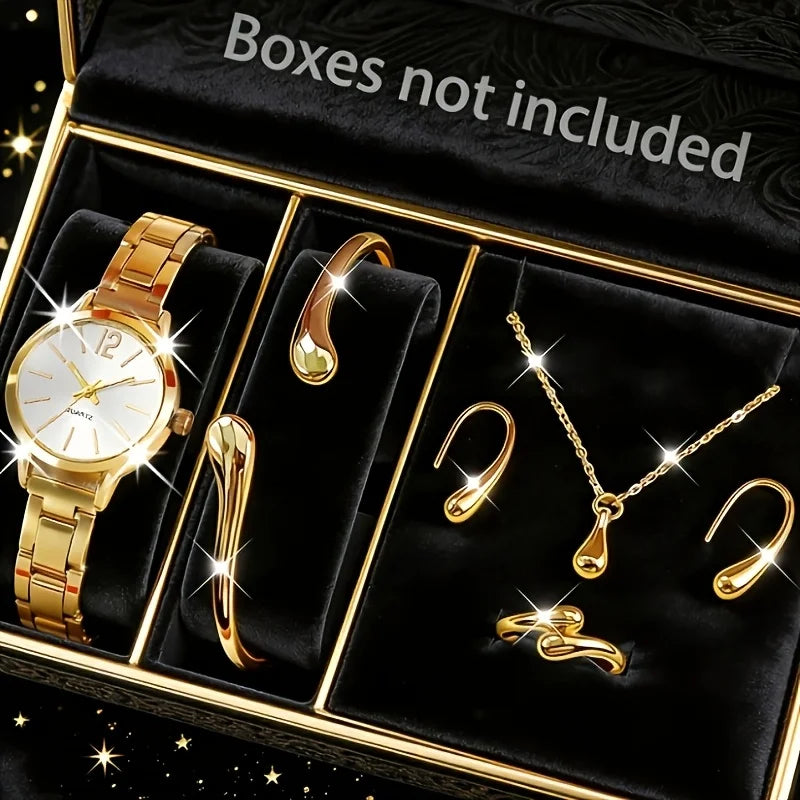 Women's Elegant Jewelry Set: Gold Quartz Watch + Bangle + Ring + Drop Pendant Necklace + Earrings, 6Pcs Set Qme Gold