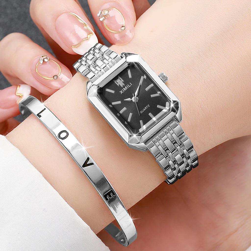 2 Pcs Fashion Women's Watch Bracelet Set Luxury Gold Steel Band Ladies Watches Quartz Watch Mujer Girls Watch Gift Qme 6