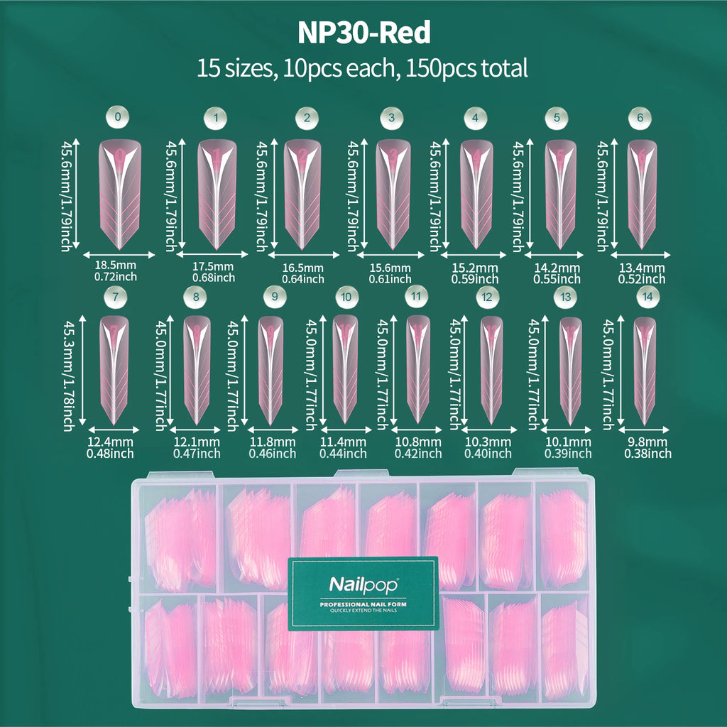 Nailpop Pyramid Tip Nail Forms 15 Sizes Spatial V-shaped Design Qme JM30-Red 150