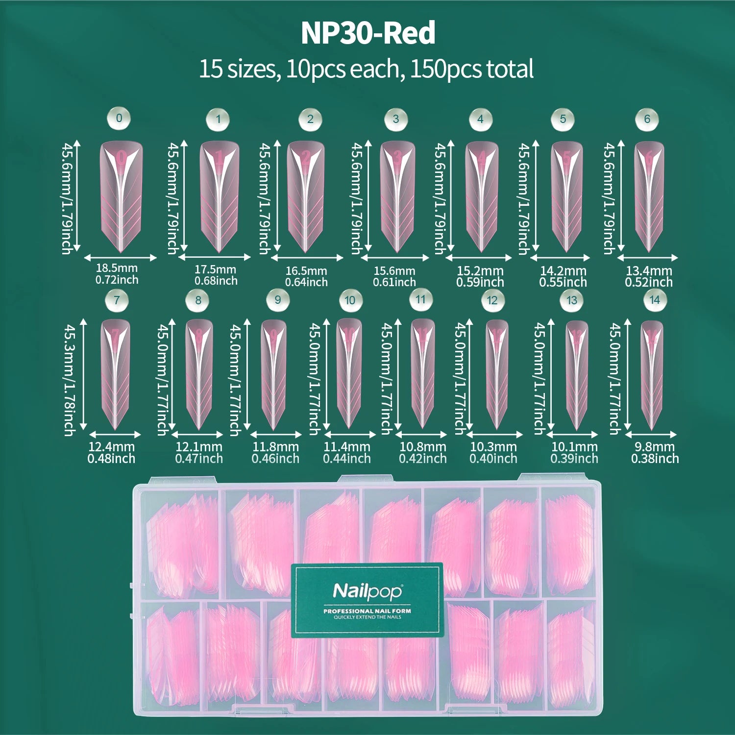 Nailpop Pyramid Tip Nail Forms 15 Sizes Spatial V-shaped Design Qme JM30-Red 150