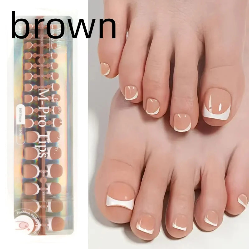 160pcs Fake Toe Nail Tips Pink French Short Square Full Cover Natural Artificial Acrylic Fake Press On Toenails For Nail Salons Qme brown