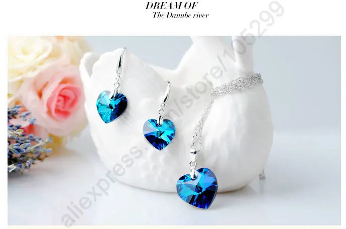 Jewelry Sets Blue Austrian Crystal Genuine 925 Sterling Silver Color Heart Pendant Necklace Earring Ear Thread Hook Earrings Qme