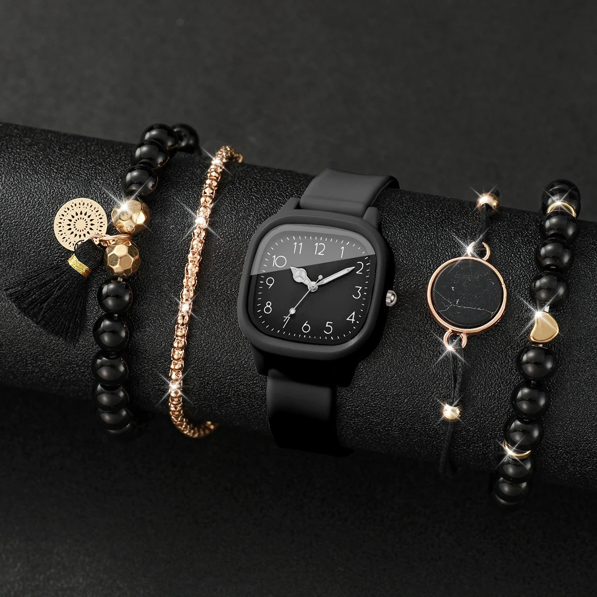 Women 4 In 1 Watch Bracelet Set Square Silicone Quartz Watch Black Bead Tassel Stack Bracelets Casual Ladies Wristwatch Gift Qme