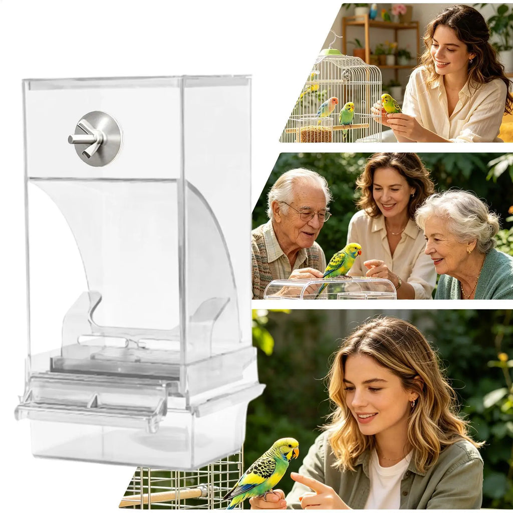 Parakeet Feeder Transparent Automatic Food Dispenser Perch Bird Cage Qme