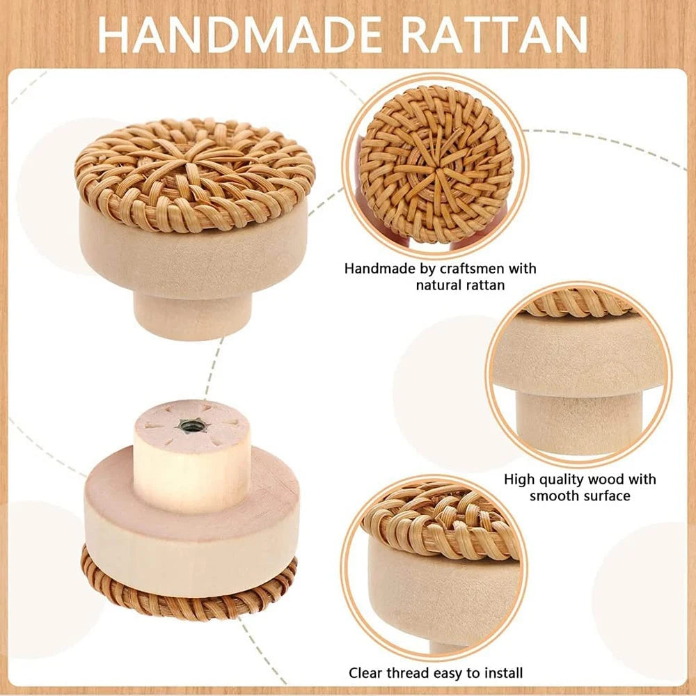 Rattan Wooden Drawer Knobs Round Handmade Cabinets Dresser Handles Wood Kitchen Cupboard Wardrobe Door Pulls for Furniture Qme