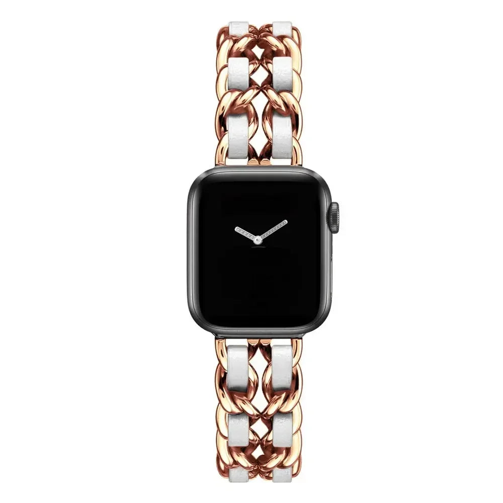 Luxury Metal Denim Strap For Apple Watch Band Ultra 2 1 49mm 41 45mm 38 42mm 44 40mm Bracelet For iWatch 9 8 7 SE 6 5 4 3 Women Qme Rosegold White 42mm 44mm 45mm 49mm