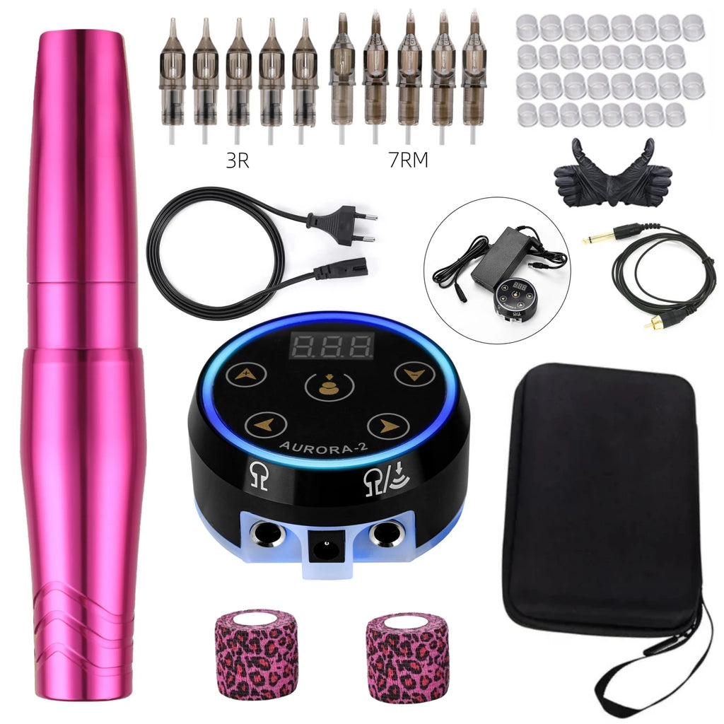 Permanent Makeup Pen Kit Set with AURORA Colorful Tattoo Power Supply PMU Tattoo Equipment for Beauty Enthusiasts Qme Rosered Black Kit
