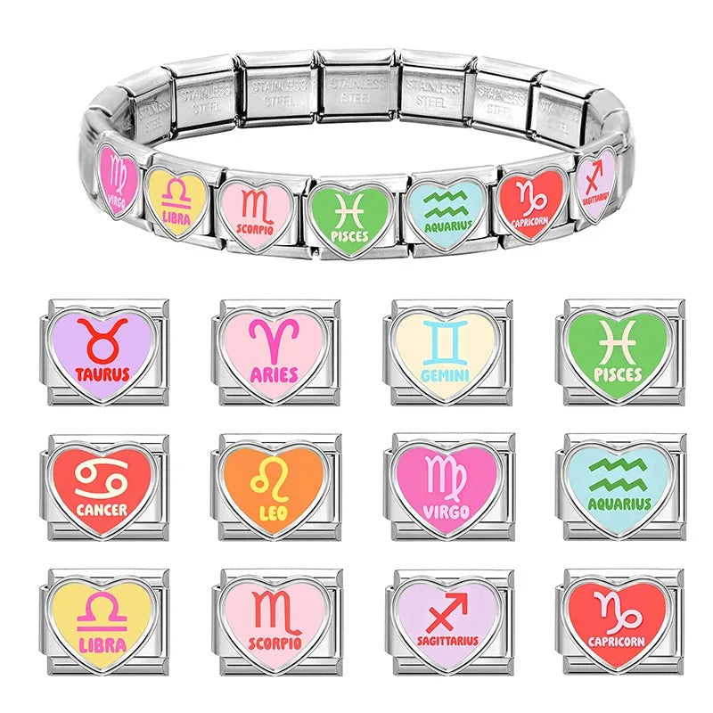 Premium Fashion Constellation Pattern Words Colored Italian Charm Links Stainless Steel Fit 9mm Bracelet Jewelry DIY Making Gift Qme