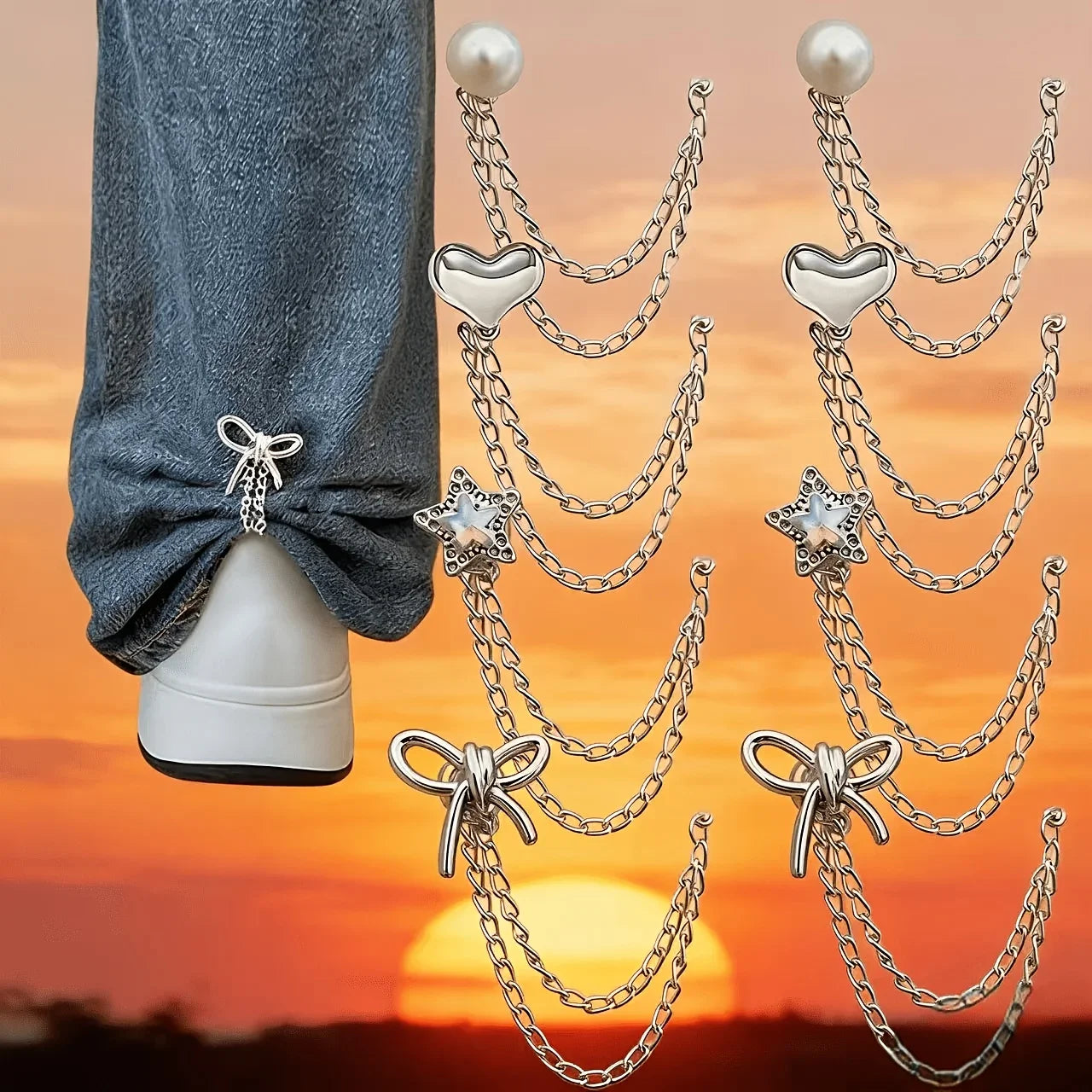Multi Layer Tassel Chain Jeans Pants Cuff Clips Bow Star Pearl Decor Brooch Pins Adjustable Pant Leg Cuff Fixing Buckle Qme
