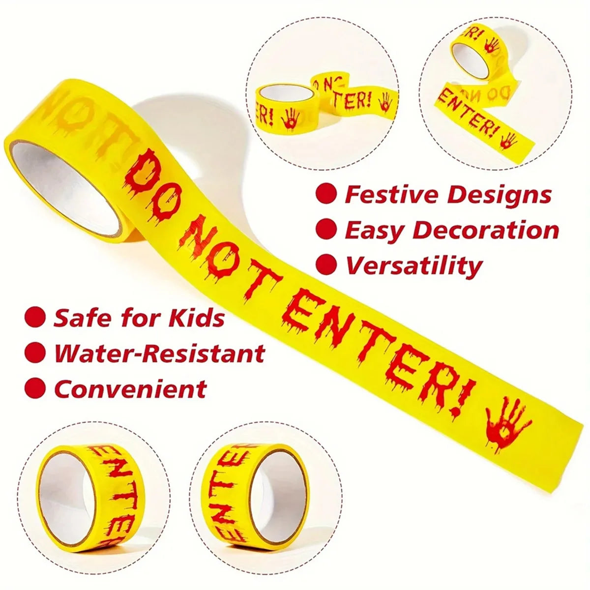 Halloween Caution Tape with Bloody Handprints - 82ft Plastic Warning Ribbon for Horror Theme Party Decoration, Barrier Qme
