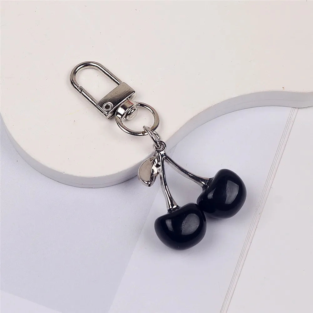 Crystal Cherry Keychain Pearl Bow Silver Heart Pendant Key Ring Qme black