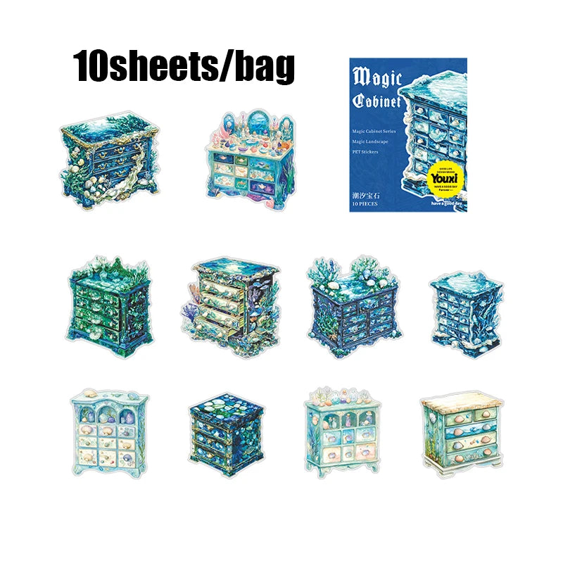 10 Sheets/bag Magic Cabinet PET Stickers for Scrapbooking DIY Journal Planner Collage Art Phone Case Notebook Decoration Qme 4
