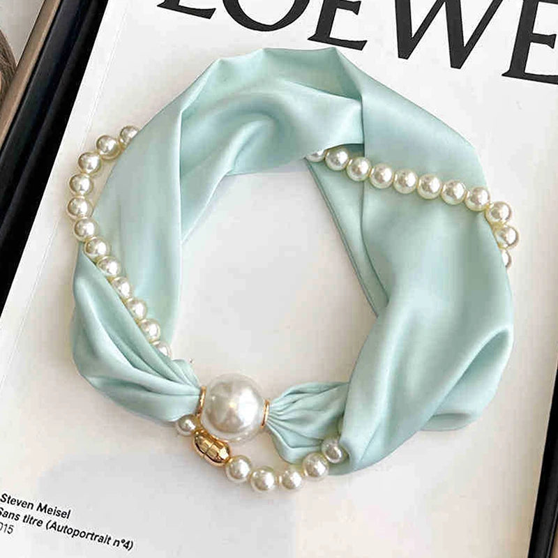 Magnetic Narrow Elegant Satins Neck Scarf Wrap Pearls Chain Necklace Qme blue