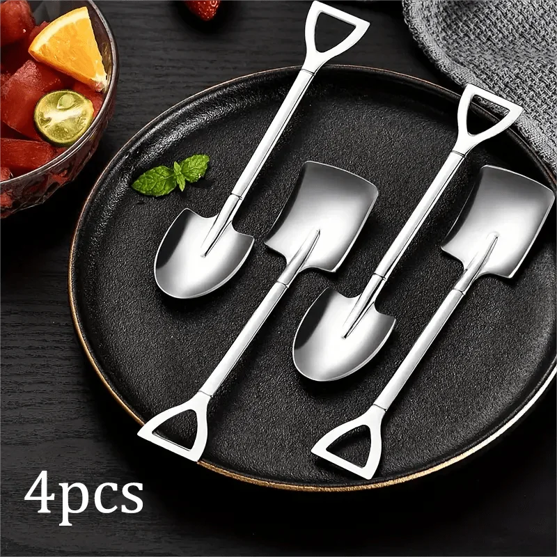 4 pieces of thickened creative stainless steel spatulas, ice cream and fruit spoons, cute scraper spoons, dessert spoons, Qme Silver