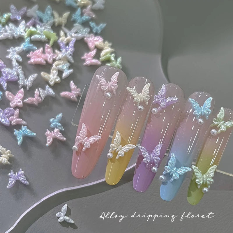 50pcs Glitter Butterfly Nail Charms, 3D Colorful Dopamine Butterflies Resin Nail Art Decorations, Flat Back Manicure Supplies Qme