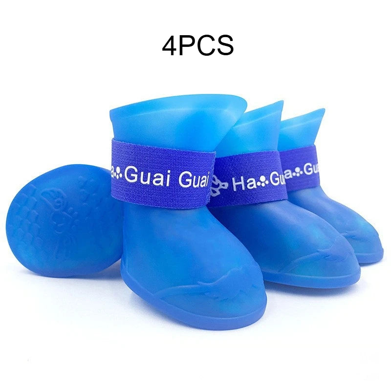 Waterproof Silicone Dog Rain Boots Colorful Pet Shoes Anti-slip Puppy Foot Protector Adjustable Strap Outdoor Walking Booties Qme Blue L