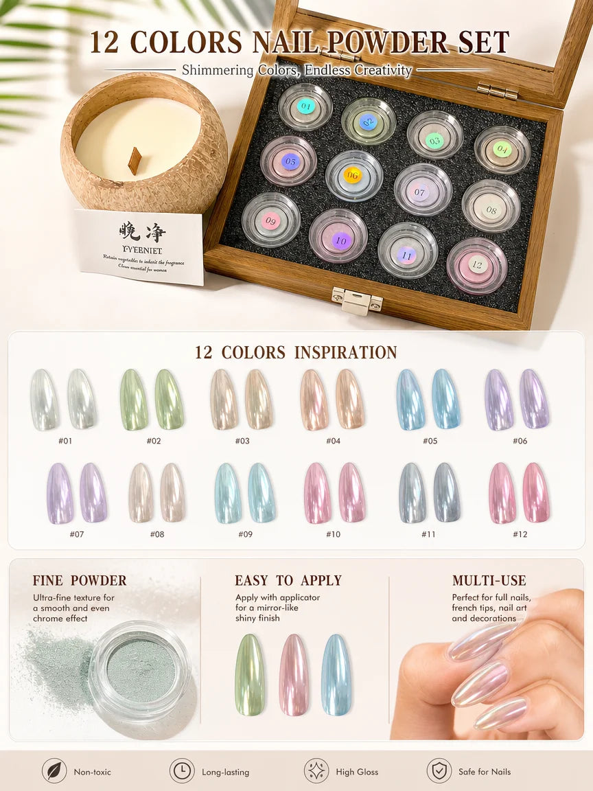 12-Color Fresh Magic Mirror Nail Powder Cards Storage Box DIY Art Qme
