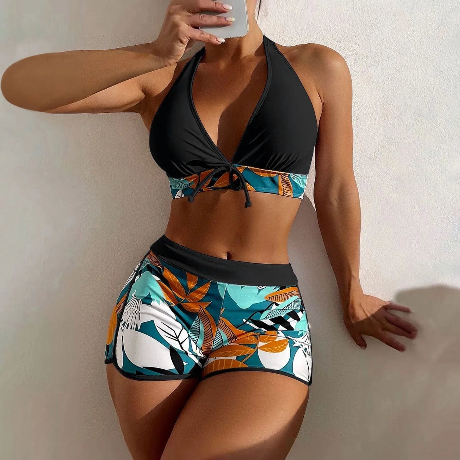 Women's Paneled Printed Swimsuit Ladies Fashion Sexy Split Boxer High Waist Swimsuit Two-Piece Set V-Neck Bathing Suits Female Qme