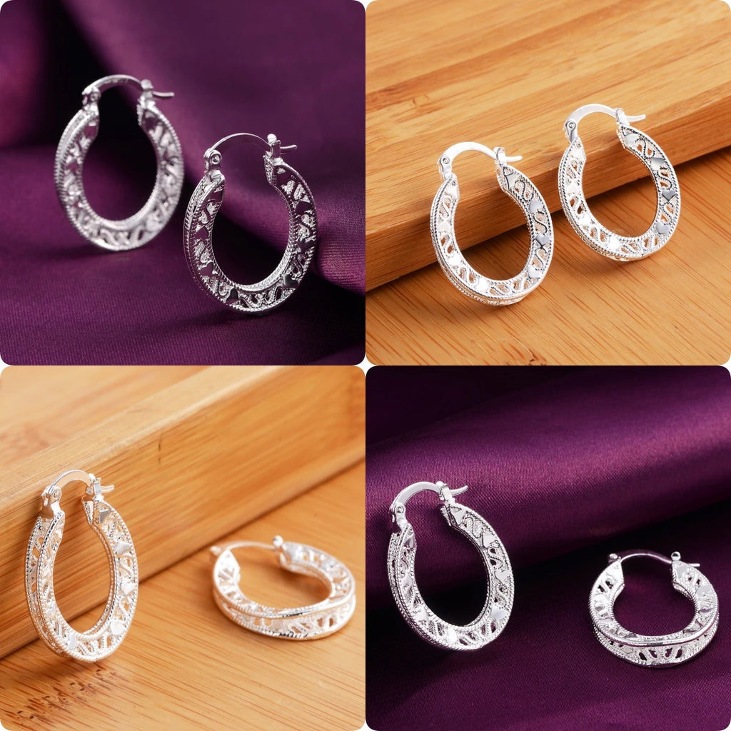 1Pair 925 Sterling Silver Earrings for Women Jewelry Exquisite Round Carved Wedding Heart Christmas Gifts Party Qme