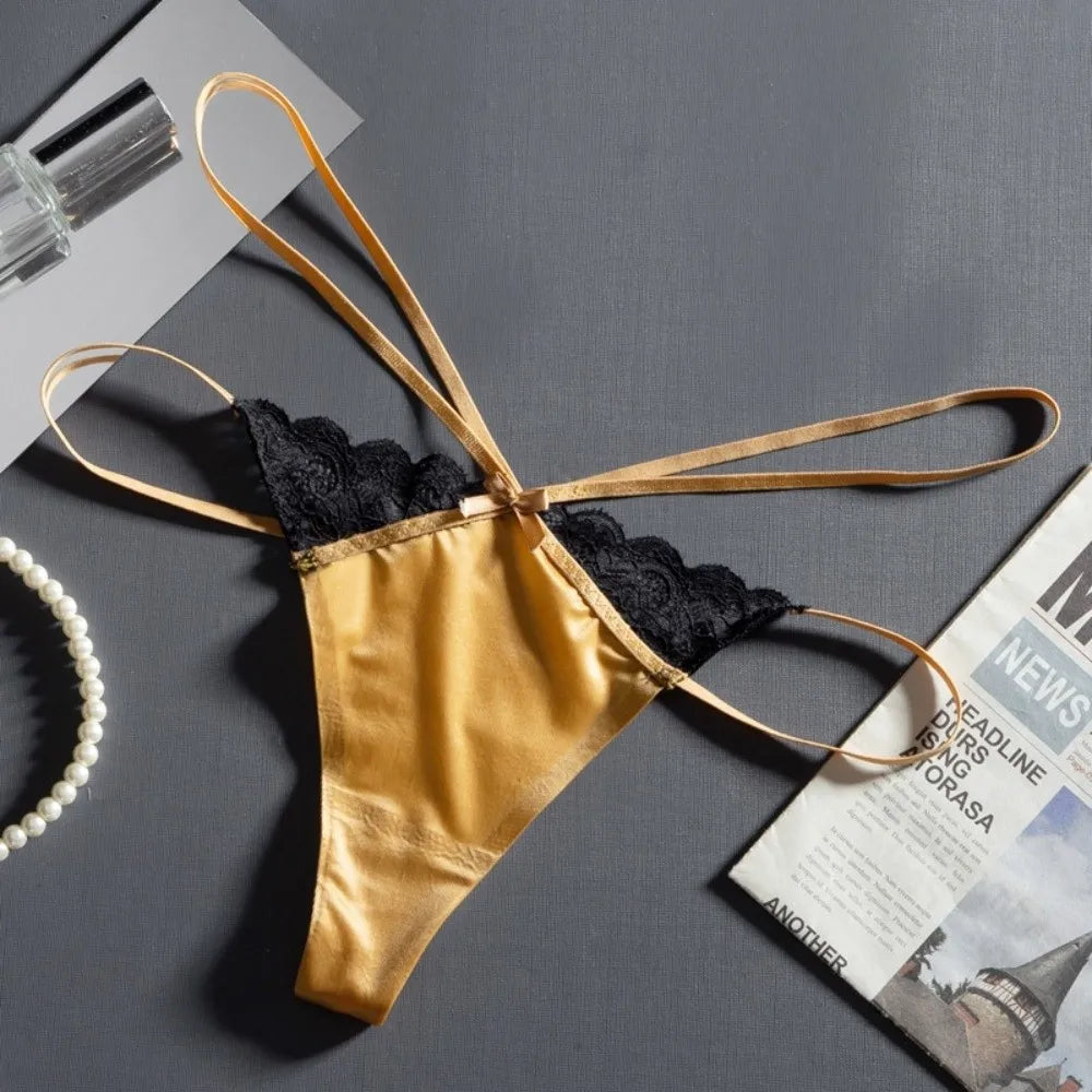 Cotton Crotch Lace Ice Silk Thong Thin Strap Traceless Bikini Briefs Low Waist Underpants T-back Panties Ladies Lingerie Qme Gold L 1pc