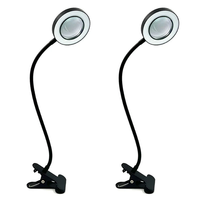 A02F-48 LED Desk Lamp Clip With 5X Magnifying Glass Light 360° Adjustable 3 Modes LED Desk Light For Bed Desk Work Crafts-2PC Qme