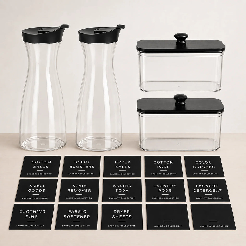 Laundry Organization Containers Set with Labels Empty Detergent Dispenser Bottles for Laundry Pods, Dryer Sheets Scent Boosters Qme black