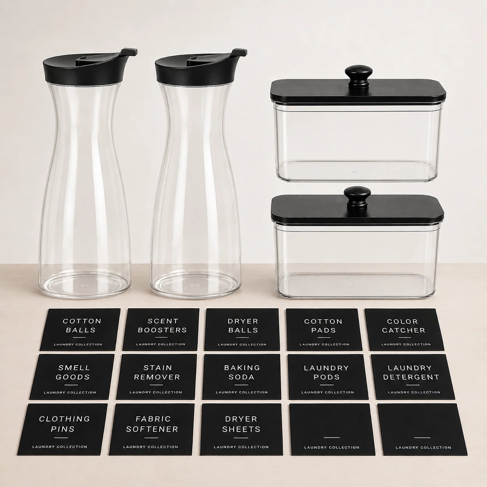 Laundry Organization Containers Set with Labels Empty Detergent Dispenser Bottles for Laundry Pods, Dryer Sheets Scent Boosters Qme black