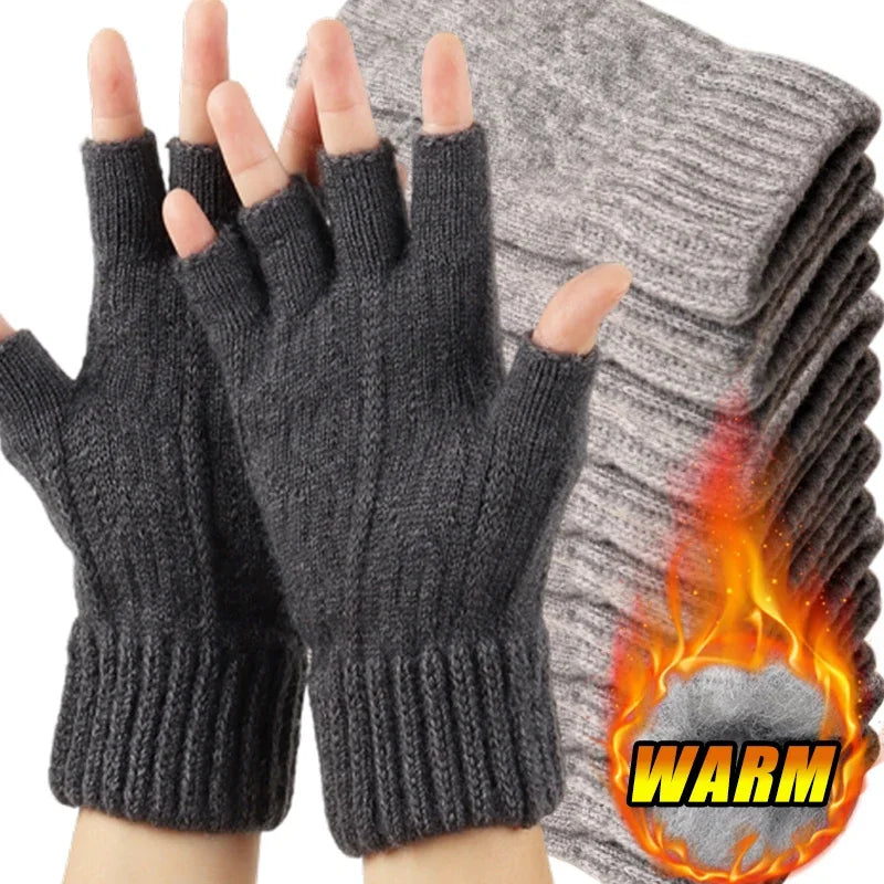 Winter Gloves Men Half Finger Writting Office Cycling Knitted Qme