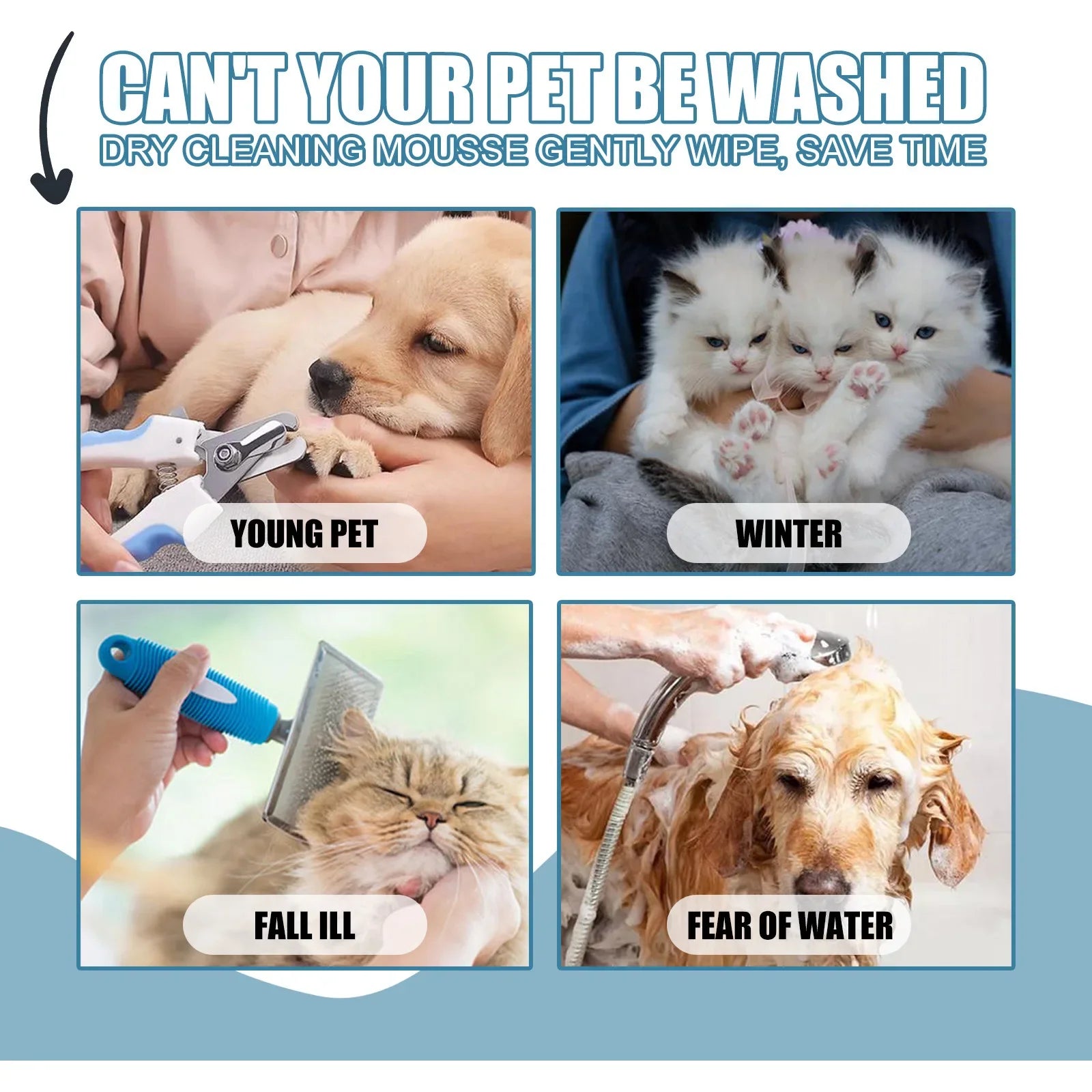 Pet Dry Shampoo Puppy Kitten Dry Cleaning Foam Shampoo Safe Bathless Cleaning Odor Eliminator Itch Relief Pet Grooming Supplies Qme