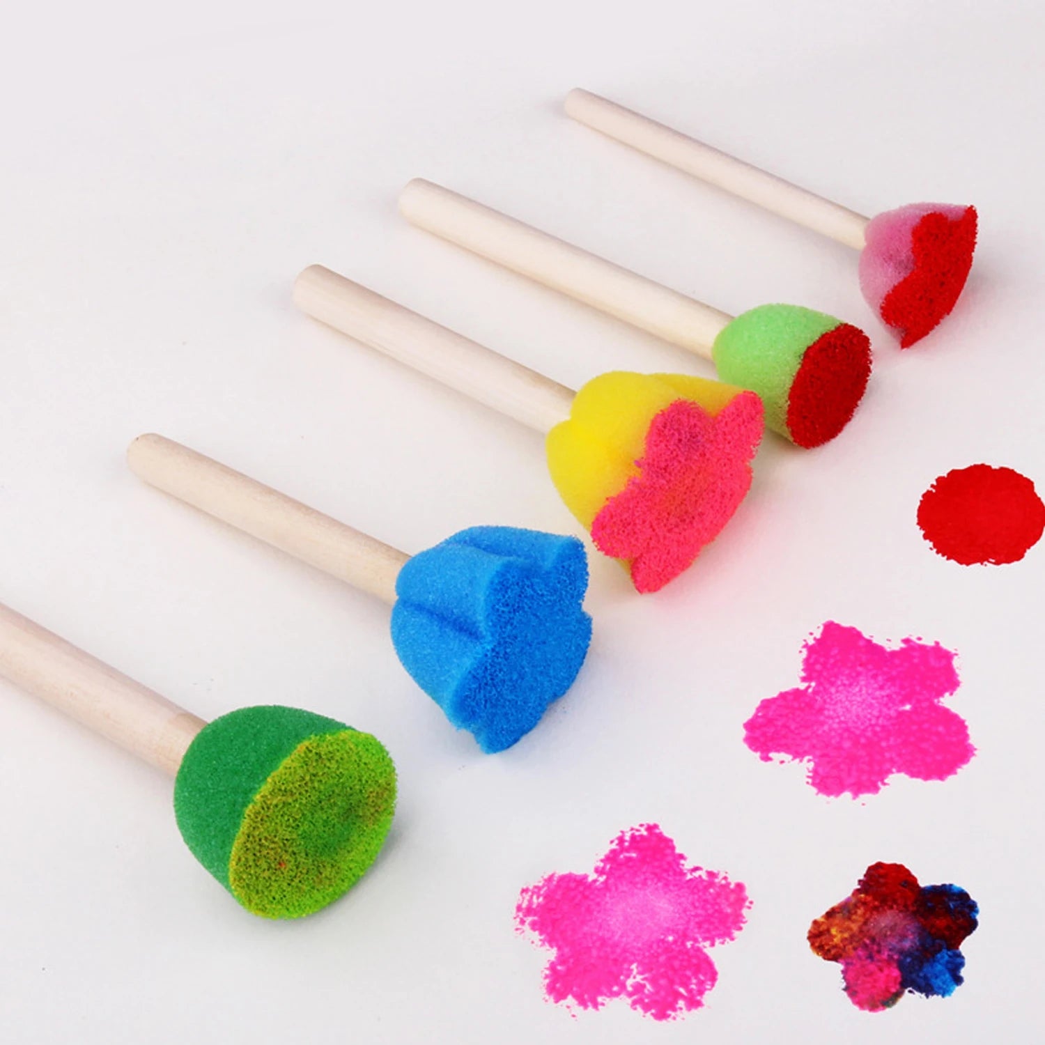 Foam Sponge Brush with Wooden Handle Round Flower Multi Size Painting Tools for Kids Children DIY Acrylic Watercolor Varnishes Qme