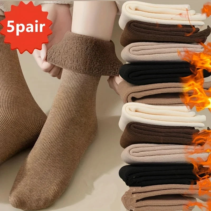 5Pairs Women Winter Thermal Socks, Fleece Lined Thick Warm Crew Socks, Soft Cozy Floor Sleeping Socks Qme