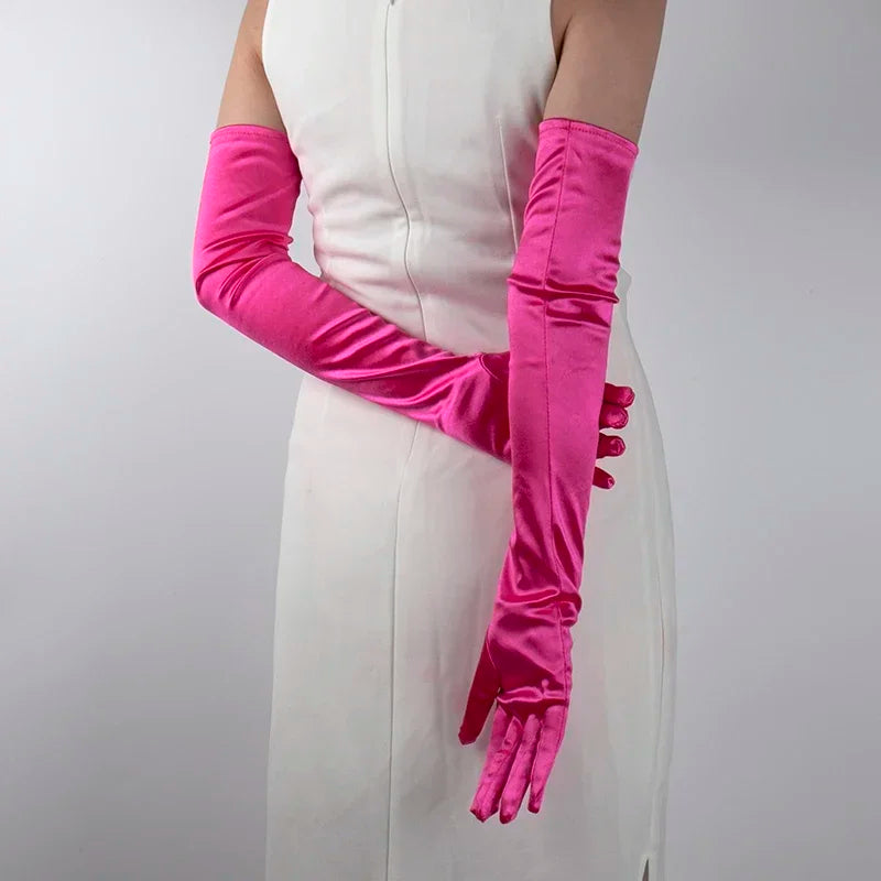 Ladies Satin Long Mitten Stage Performance Multicolor Women Black Qme