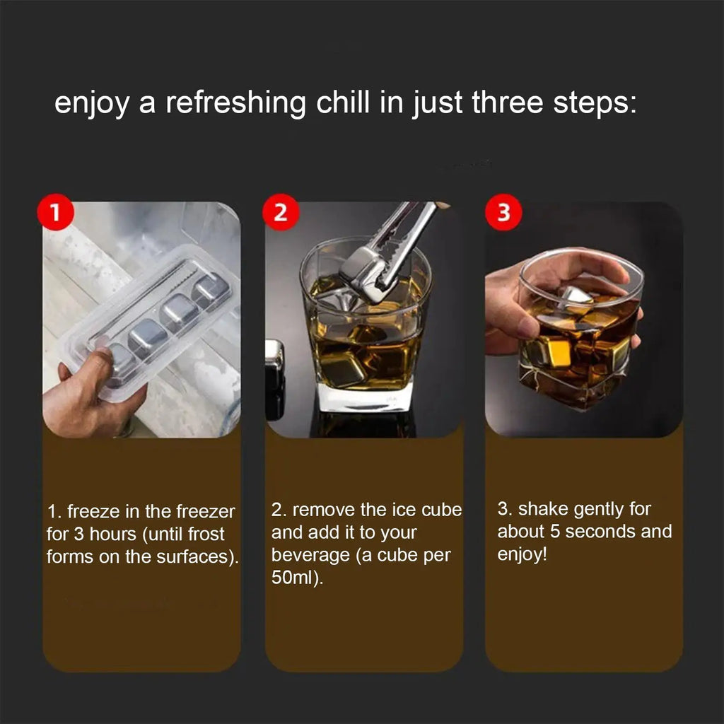 Stainless Steel Ice Cube 8 Pieces Chilling Whiskey Stones With Tongs Refreezable Ice Cubes For Drinks Bourbon Whiskey Vodka Gin Qme