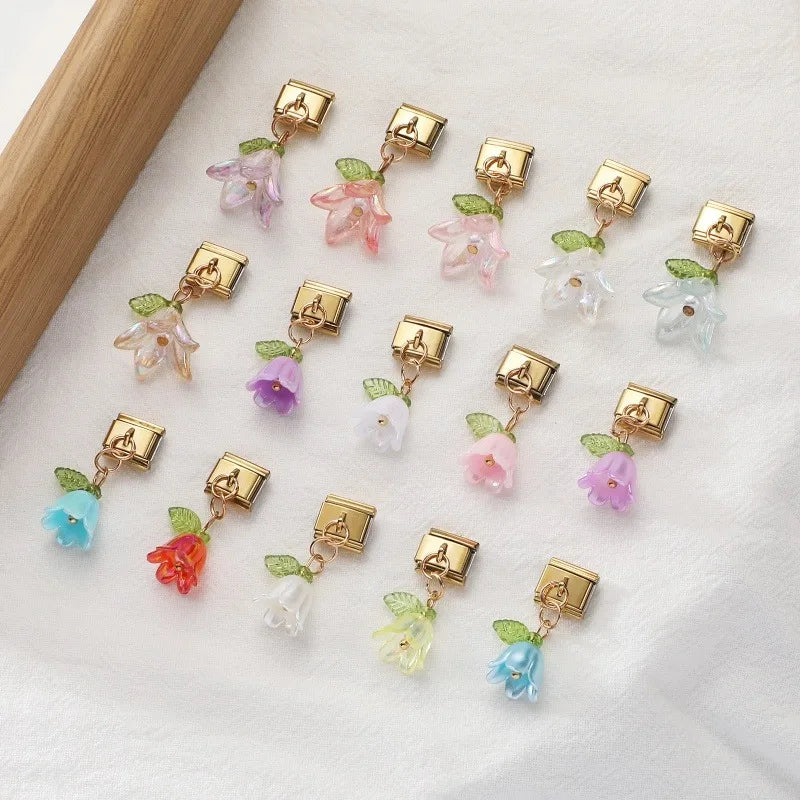 Fashion Colorful Lily Of The Valley Golden Pendant Italian Charm Link Fit 9mm Bracelet Stainless Steel Women Men DIY Making Gift Qme