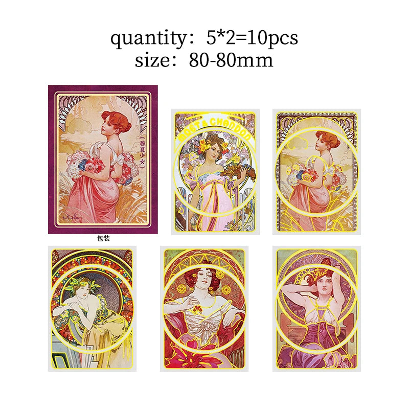 10 pcs/lot Mucha theme Stickers Diy Decorative Scrapbooking Diary Stick Labels Album hand made Collage material Qme F